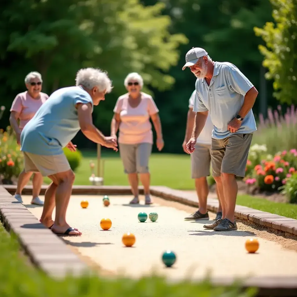 Seniorzy wspólnie jedzą posiłek w ogrodzie ośrodka.
