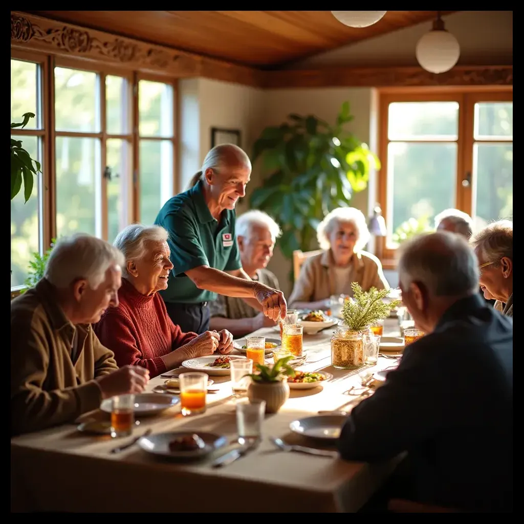 Terapeuta prowadzący sesję fizjoterapeutyczną dla osób starszych w przytulnym pokoju.