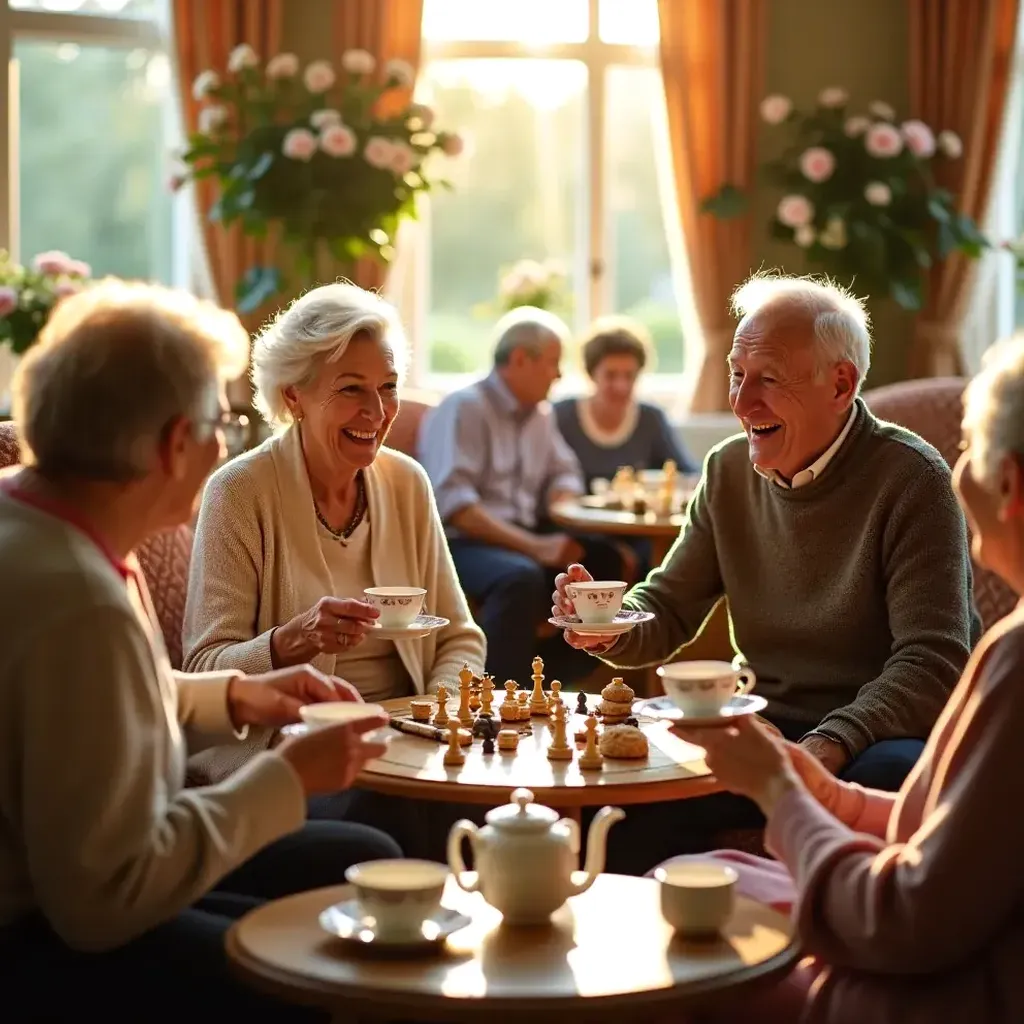 Uczestnicy programu społecznego rozmawiający przy kominku.